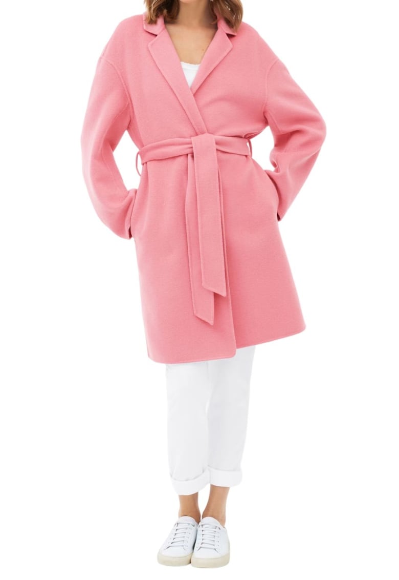 Palton dama roz - lana - legat in talie - doua buzunare -
