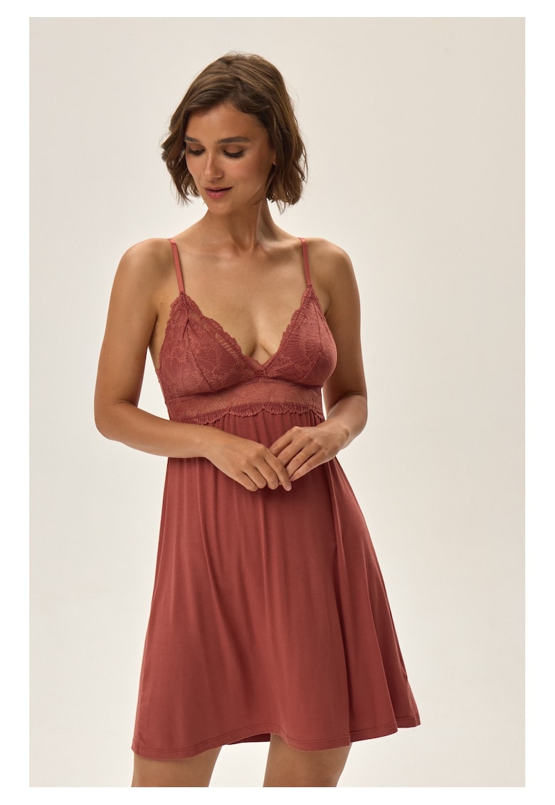 Camasa de noapte dama castaniu - viscoza - fara maneci - bretele -