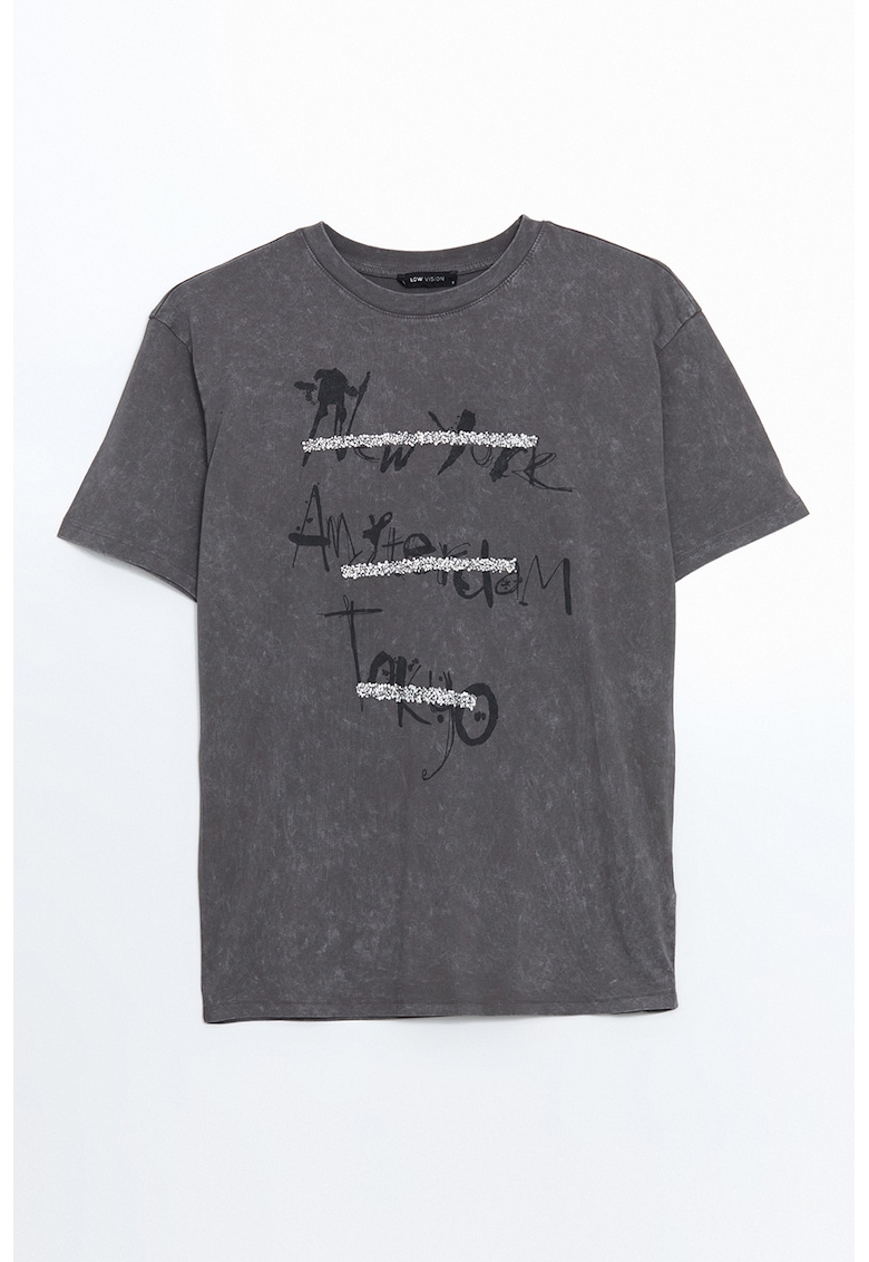 Tricou lejer din bumbac - Negru stins/Gri inchis melange