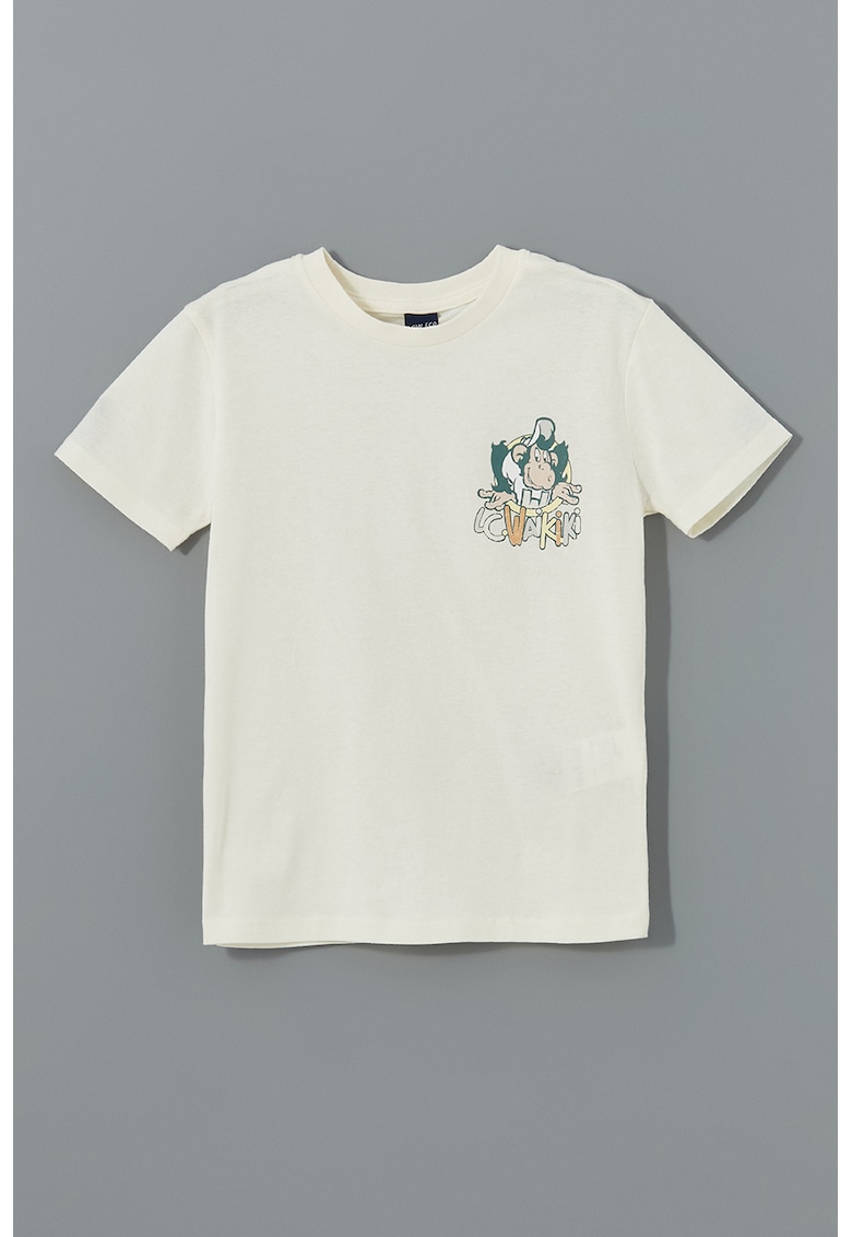 Tricou de bumbac cu imprimeu - Albastru prafuit/Galben sofran/Alb murdar