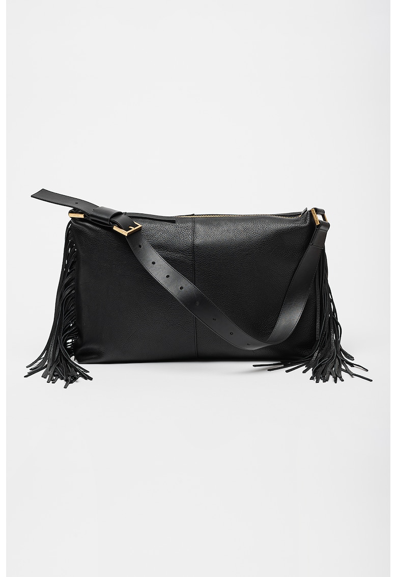 Geanta de piele cu bareta de umar si franjuri