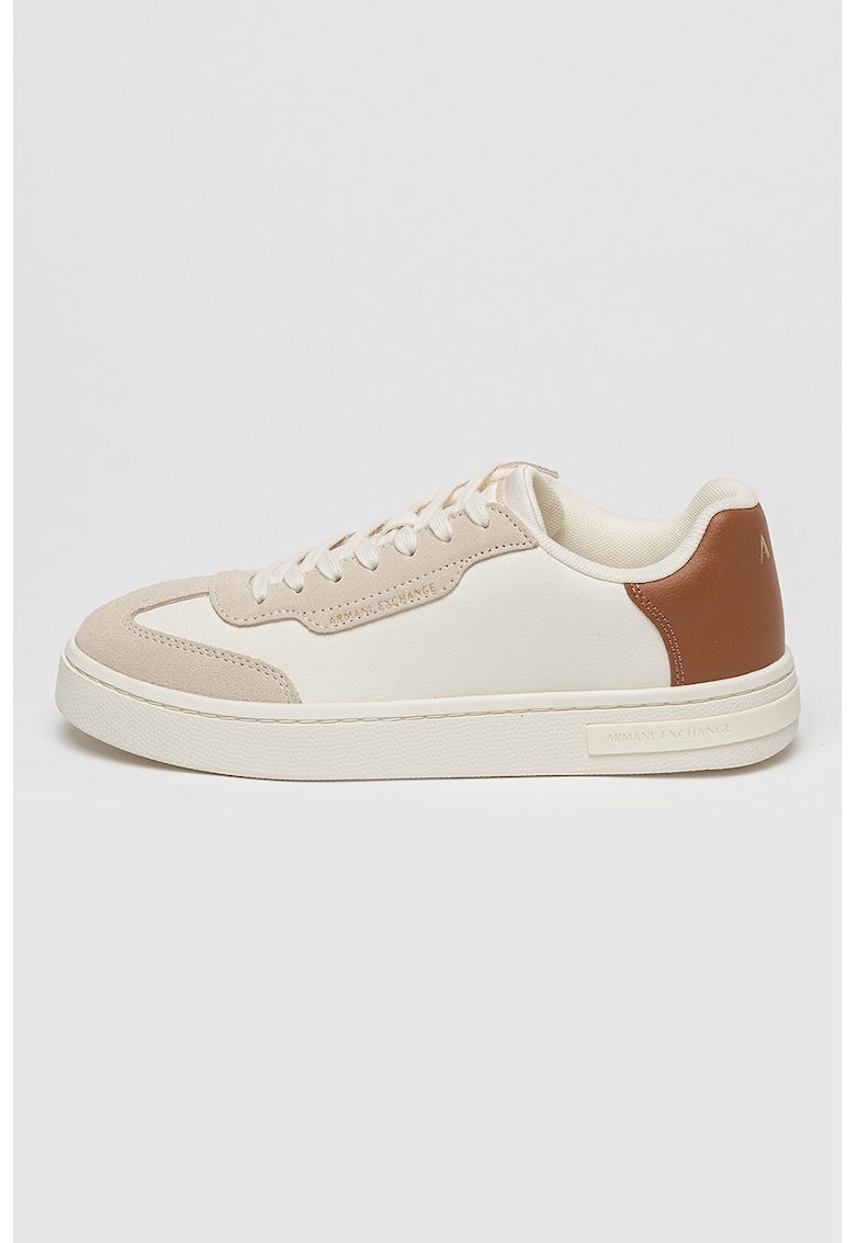 Pantofi sport low cut din piele ecologica - Alb fildes/Maro