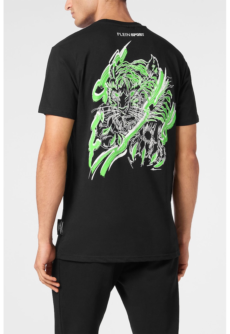 Tricou cu imprimeu si decolteu la baza gatului - Negru/Verde lime