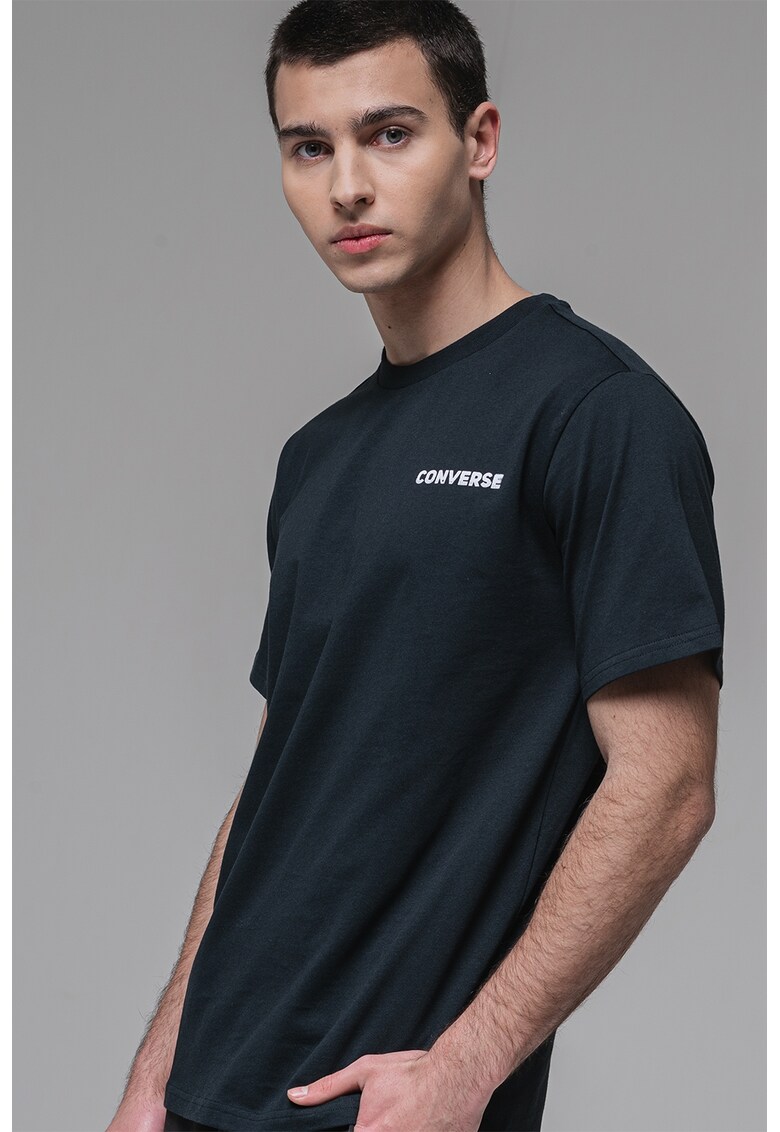 Tricou cu decolteu la baza gatului cu imprimeu pe spate - Negru/Turcoaz