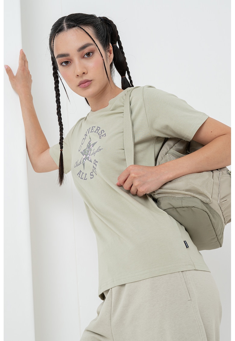 Tricou de bumbac cu logo - Gri/Verde pal