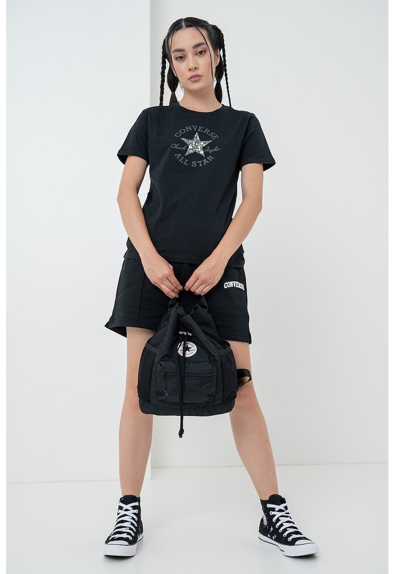 Tricou de bumbac cu logo - Negru/Verde inchis