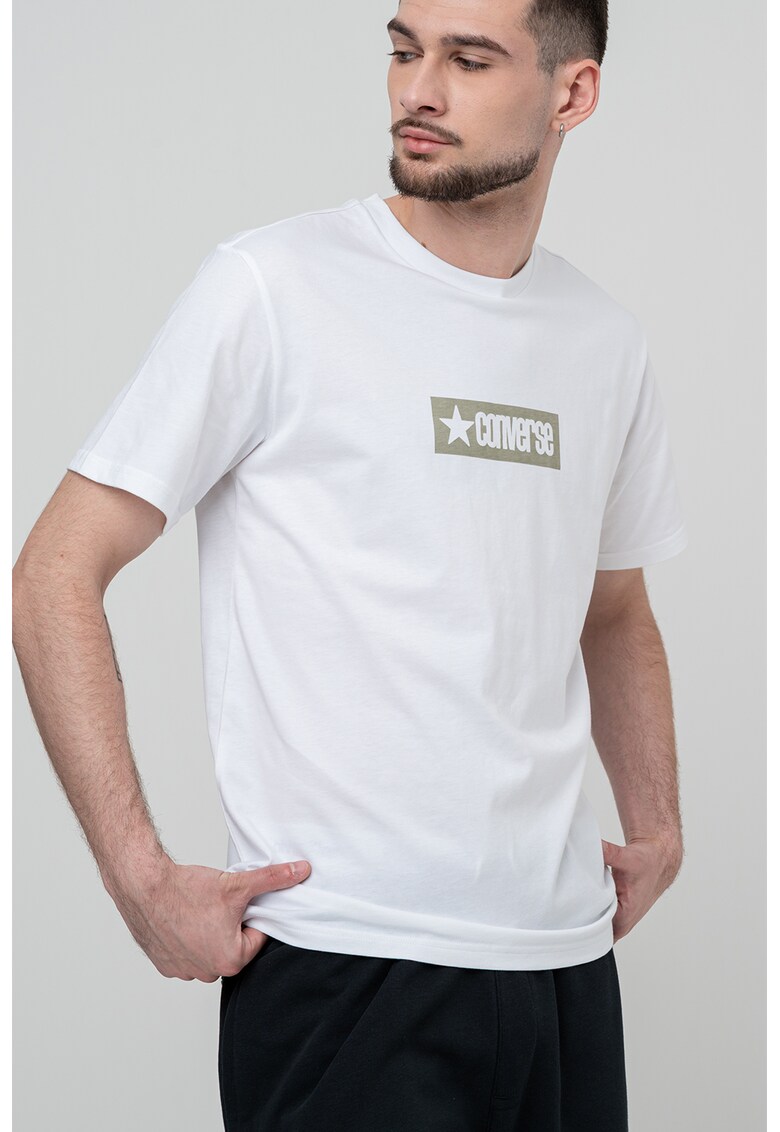 Tricou cu decolteu la baza gatului si imprimeu logo Retro - Alb/Kaki