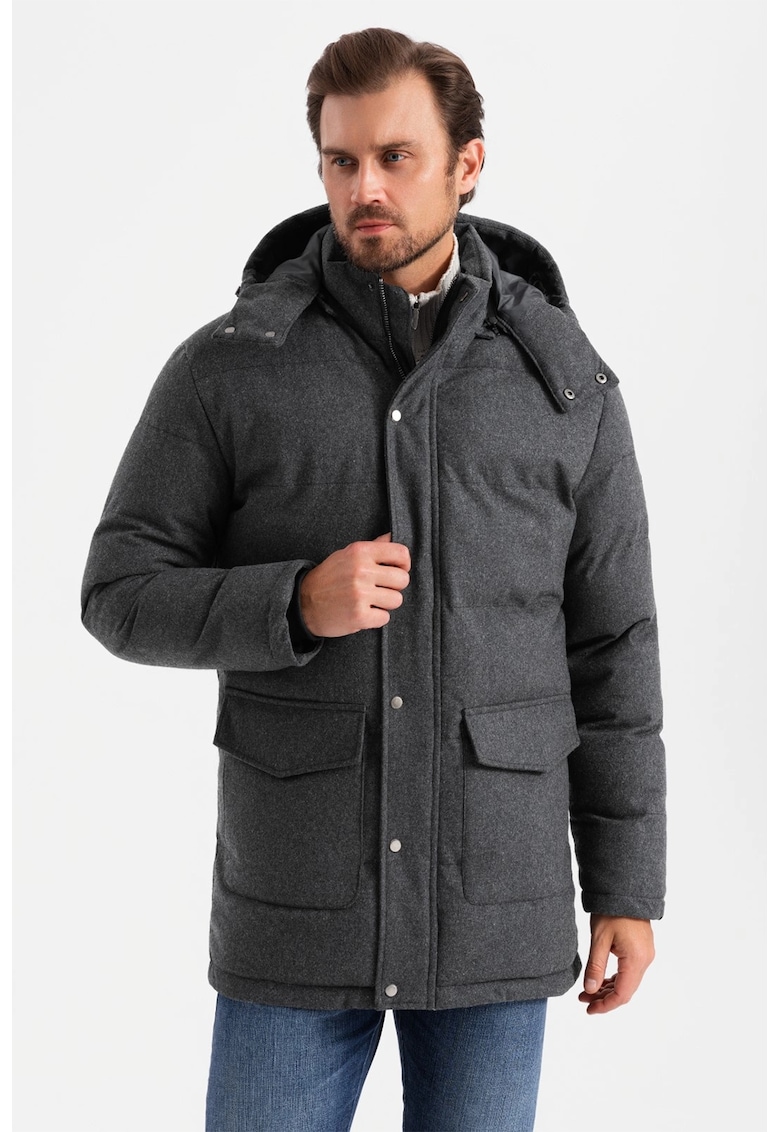 Geaca din amestec de lana cu vatelina si gluga - Negru stins