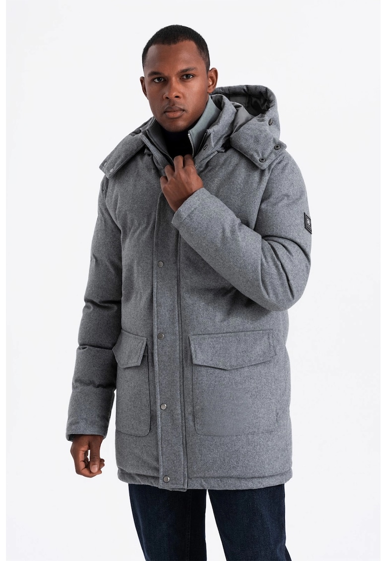 Geaca din amestec de lana cu vatelina si gluga - Gri