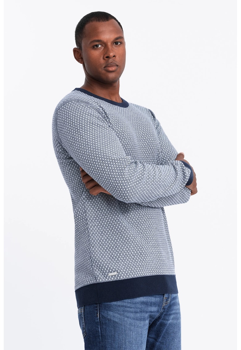 Pulover de bumbac cu decolteu la baza gatului - Albastru deschis/Bleumarin