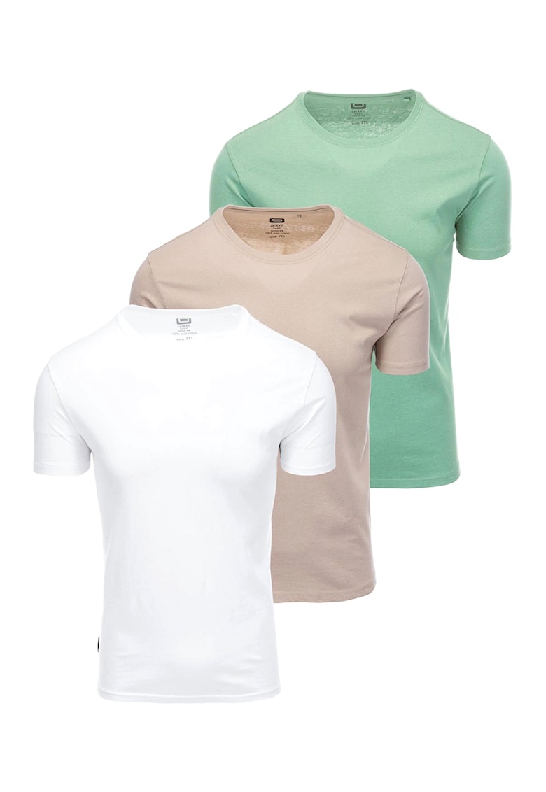 Set de tricouri uni de bumbac cu decolteu la baza gatului - 3 piese - Alb/Maro deschis/Verde menta