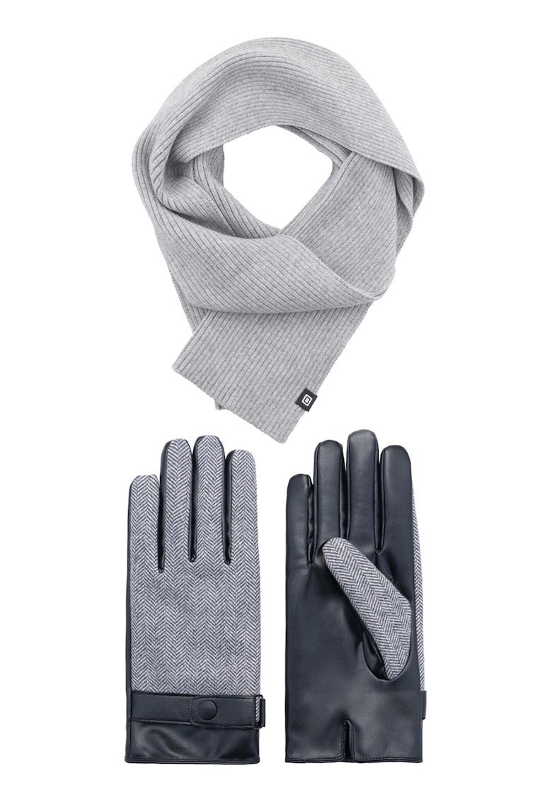 Set de esarfa din amestec de lana si manusi de piele ecologica - Gri melange