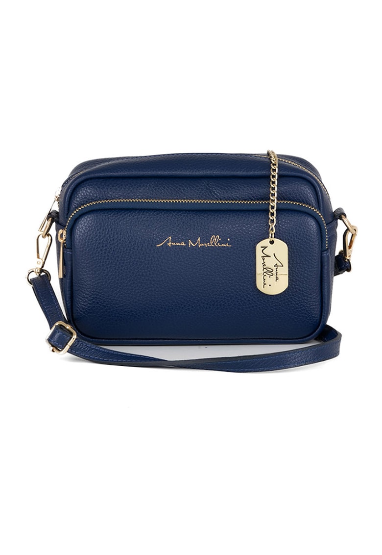 Geanta crossbody din piele cu buzunar frontal cu fermoar - Albastru inchis