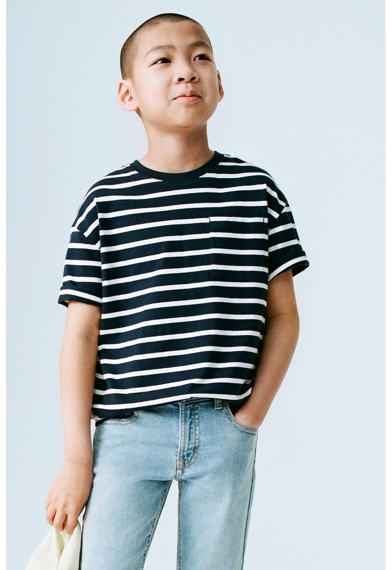 Tricou cu decolteu la baza gatului si dungi - Alb/Bleumarin