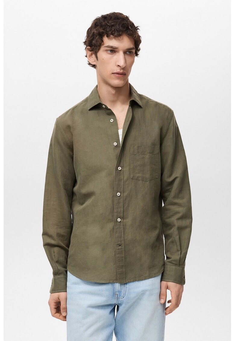 Camasa din amestec de in cu guler clasic - Kaki