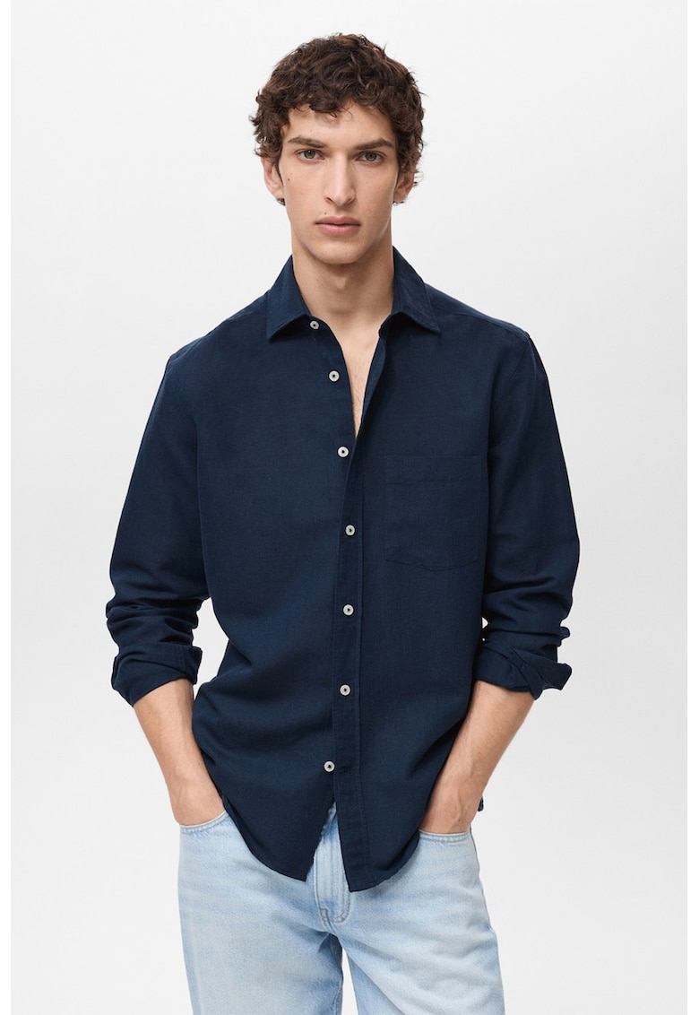 Camasa din amestec de in cu guler clasic - Albastru inchis