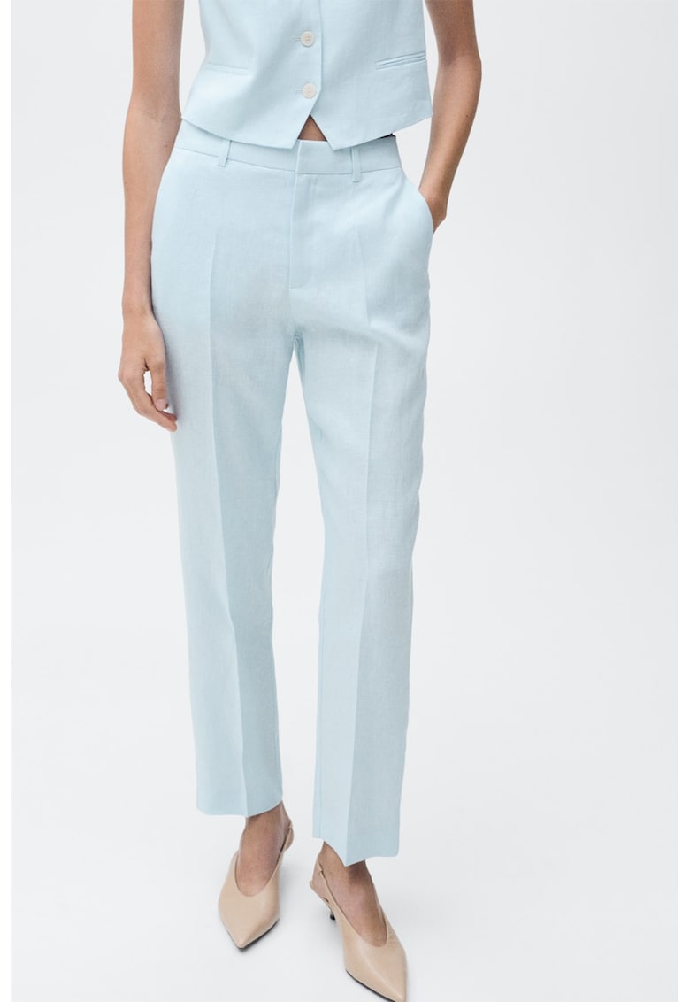 Pantaloni crop din in cu croiala conica - Albastru glaciar