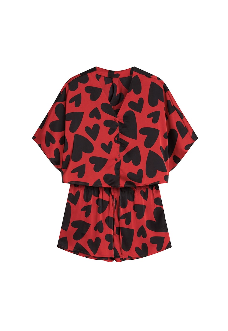 Pijama dama Jenya - rosie - satin - imprimeu inimioare - set cu pantaloni scurti