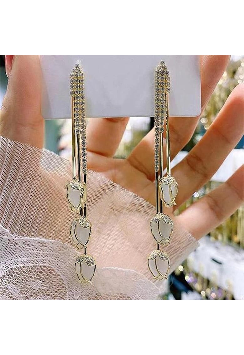 Cercei aurii - lungi - cu pietre din zirconiu - Ambra C14 -