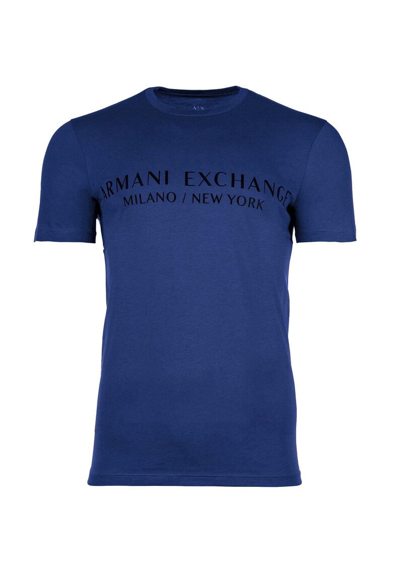 Tricou de bumbac cu decolteu la baza gatului si imprimeu logo - Albastru indigo