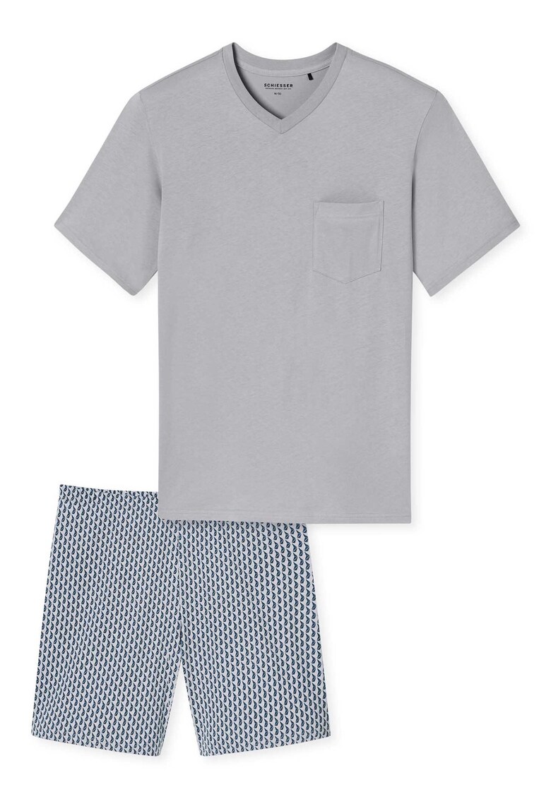 Pijama cu decolteu in V si pantaloni scurti - Gri deschis/Albastru