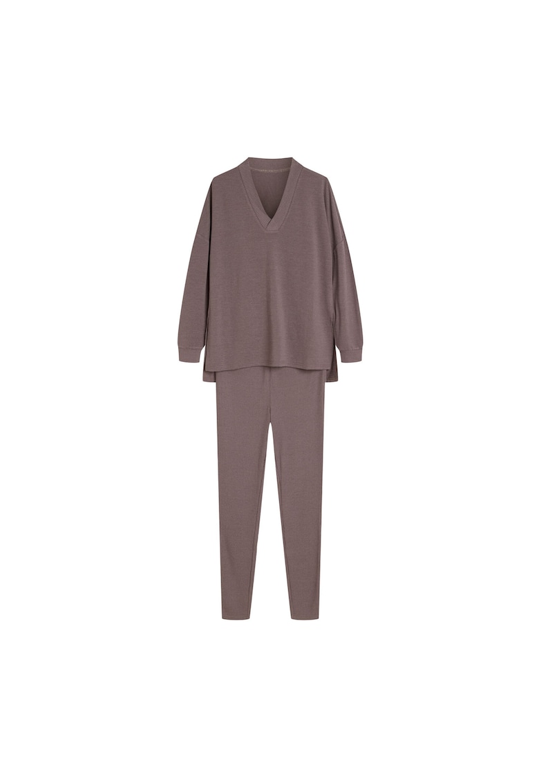 Set pijamale gri - poliester - maneca lunga - decolteu amplu in V