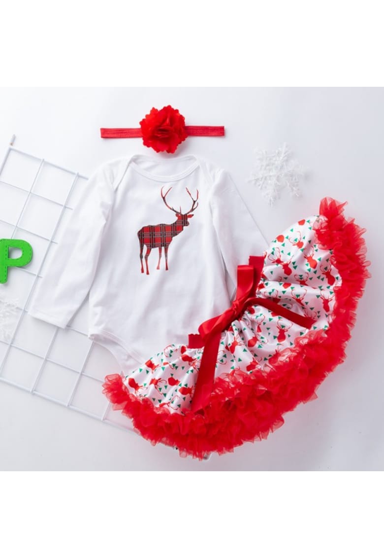 Set Body Cu Fustita Din Satin Si Bentita - Model Renul - Maneca lunga - Multicolor - 9-12 luni -