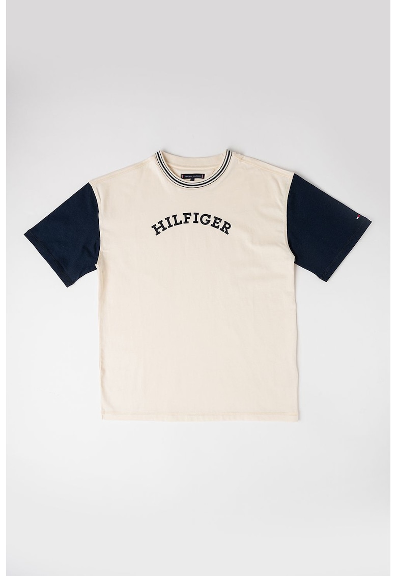 Tricou de bumbac cu model logo - Alb fildes/Bleumarin