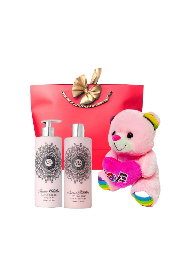 Set ingrijire corp Soft Embraces cu ursulet - lotiune corp si gel de dus in punga cu funda