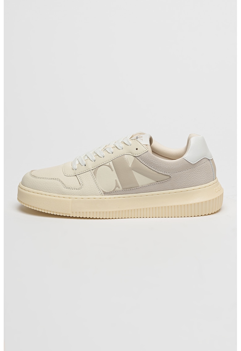 Pantofi sport de piele cu logo - Alb fildes/Gri deschis