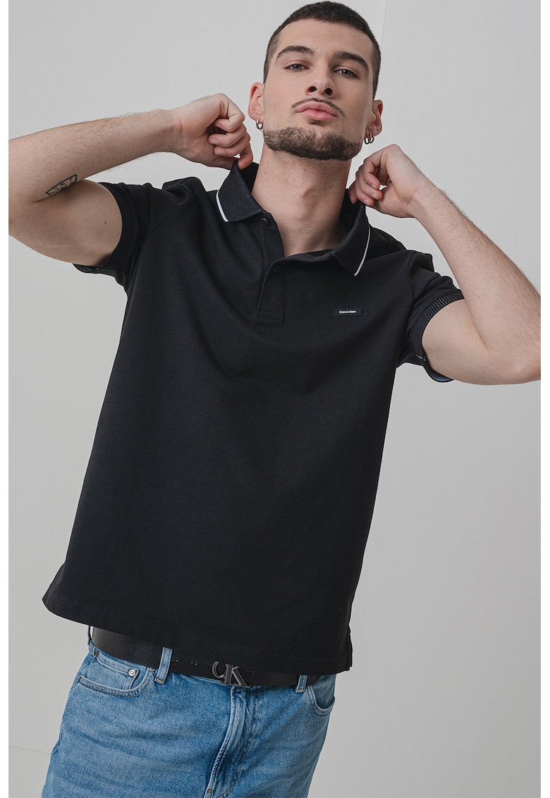 Tricou polo din amestec de bumbac organic cu logo discret - Alb/Negru