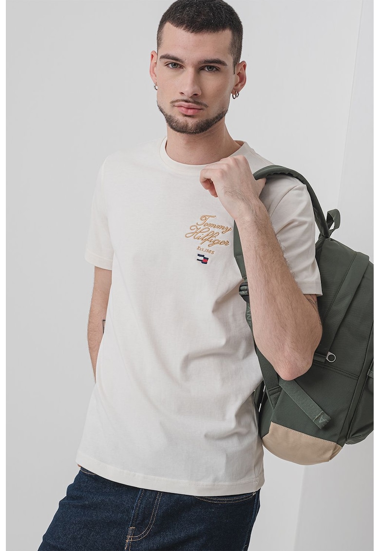 Tricou cu imprimeu logo - Alb/Maro nisip