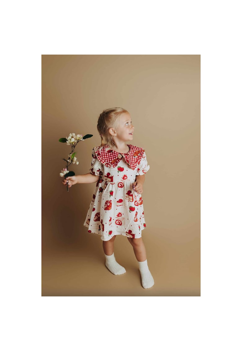 Rochita pentru fete - alba imprimeu cu prajituri -