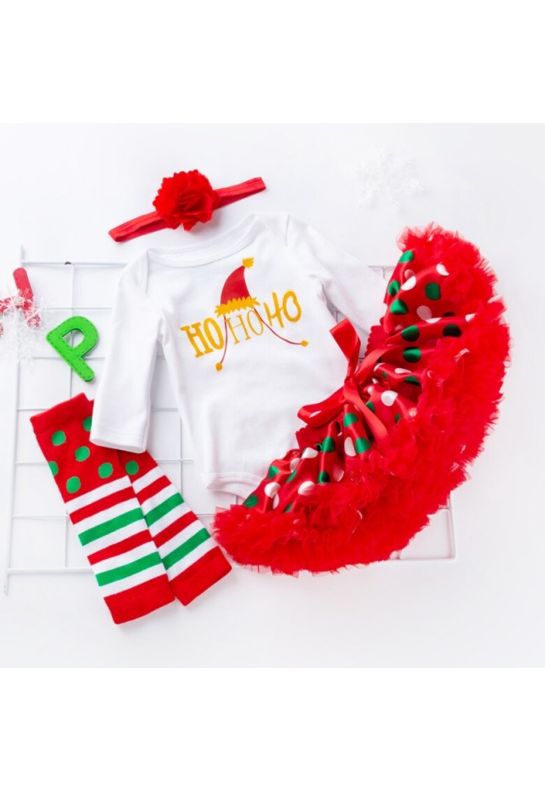 Body Cu Fustita Din Satin - Bentita Si Jambiere - Model Ho Ho Ho - Fete - Maneca lunga - Multicolor - Multicolor