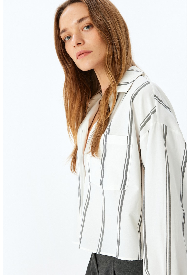 Camasa crop sin amestec de bumbac - Alb/Gri