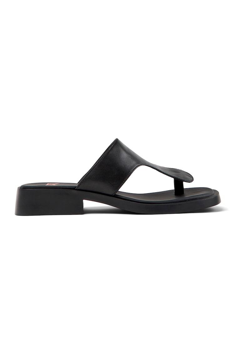 Papuci flip-flop de piele cu toc masiv - Negru