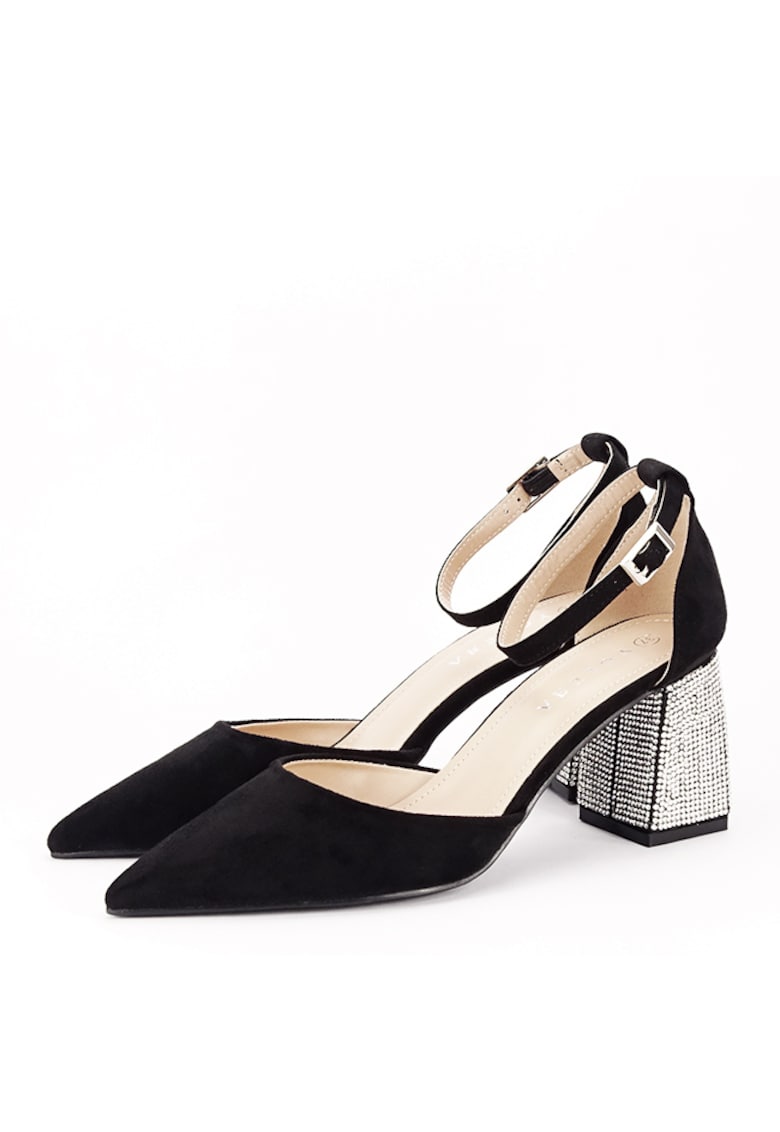 Pantofi cu toc gros decorat cu pietricele B-BSD42-1 04 - Negru 8684 - Negru