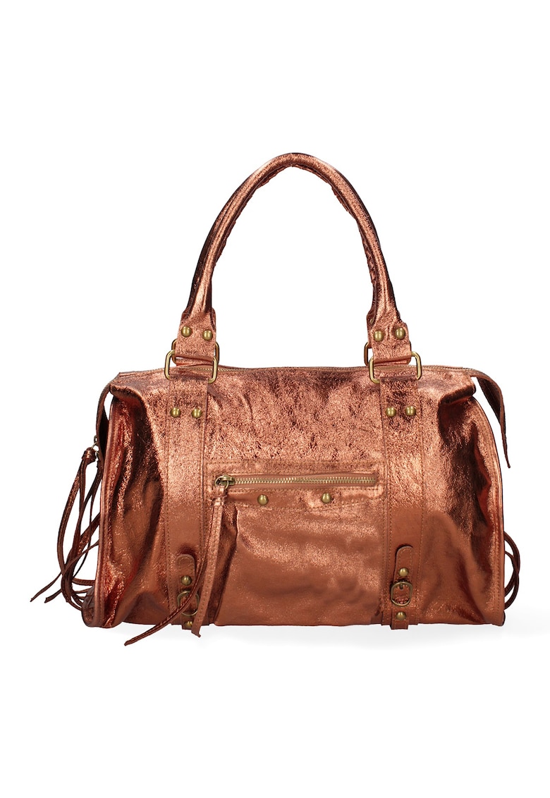 Geanta din piele cu bareta de umar si nituri - Maro