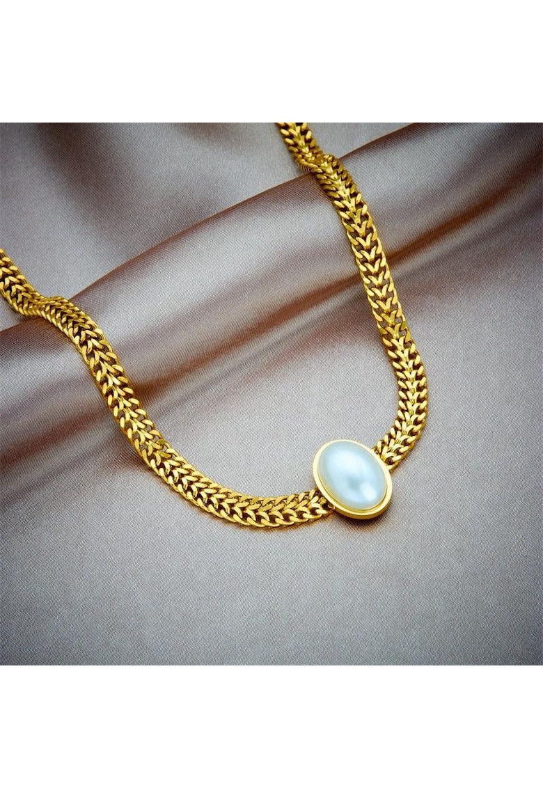 Colier auriu - din otel inoxidabil - cu pandantiv oval - suflat cu aur 18k - Tekla C2