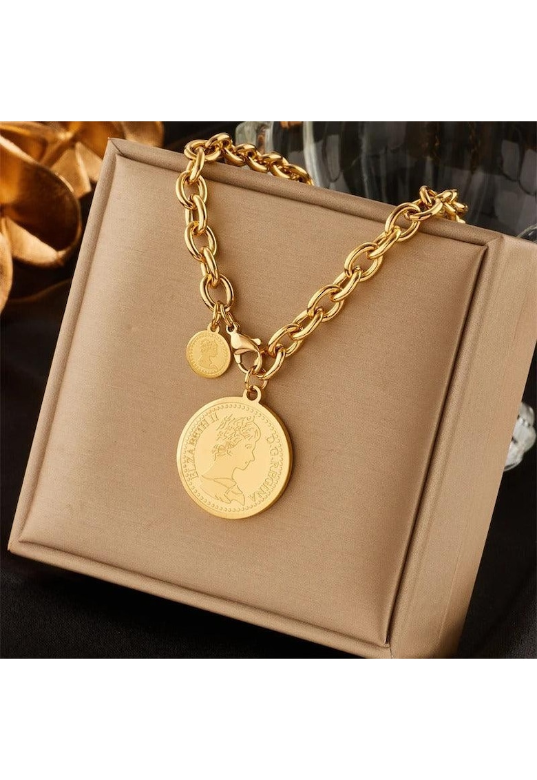 Colier auriu - din otel inoxidabil - cu zale si banuti - suflat cu aur 18k - Thora C2