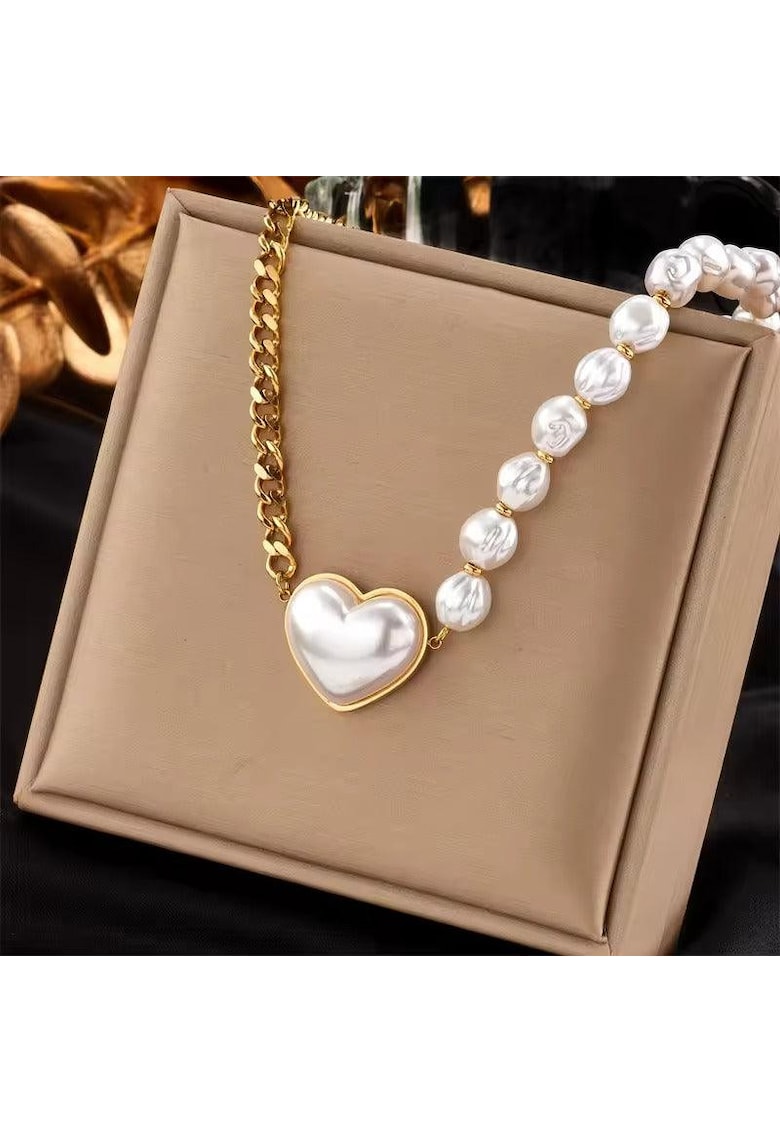 Colier auriu - din otel inoxidabil - cu perle si pandantiv inima - suflat cu aur 18k - Throtti C2
