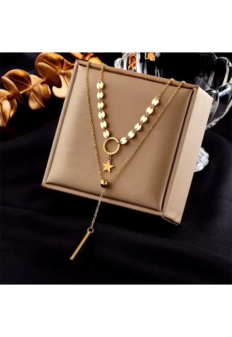 Colier auriu - din otel inoxidabil - in 2 straturi - cu steluta si banuti - suflat cu aur 18k - Thure C2