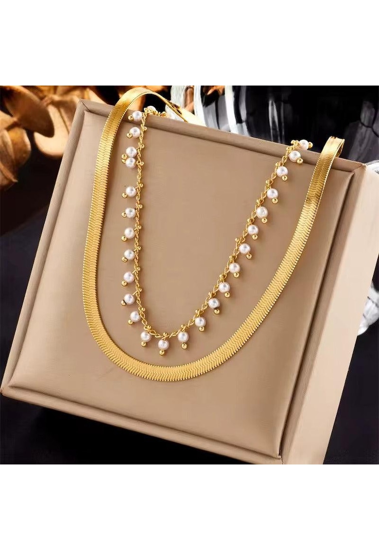 Colier auriu - din otel inoxidabil - in 2 straturi - cu perlute - suflat cu aur 18k - Tova C2