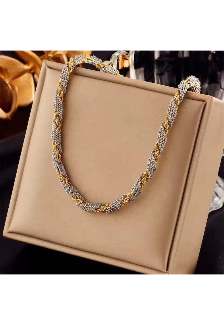 Colier auriu cu insertii argintii - din otel inoxidabil - impletit - suflat cu aur 18k - Tuke C1