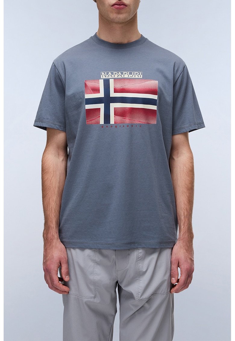 Tricou cu imprimeu logo si decolteu la baza gatului