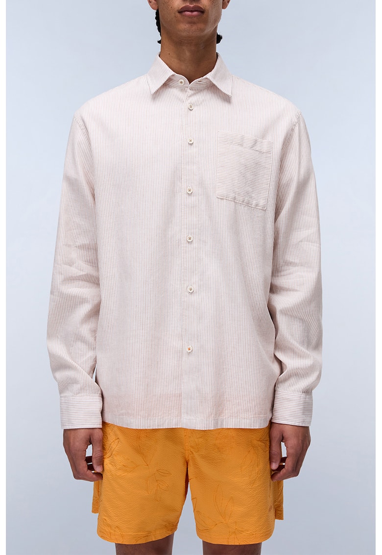 Camasa din amestec de in cu buzunar pe piept si model in dungi