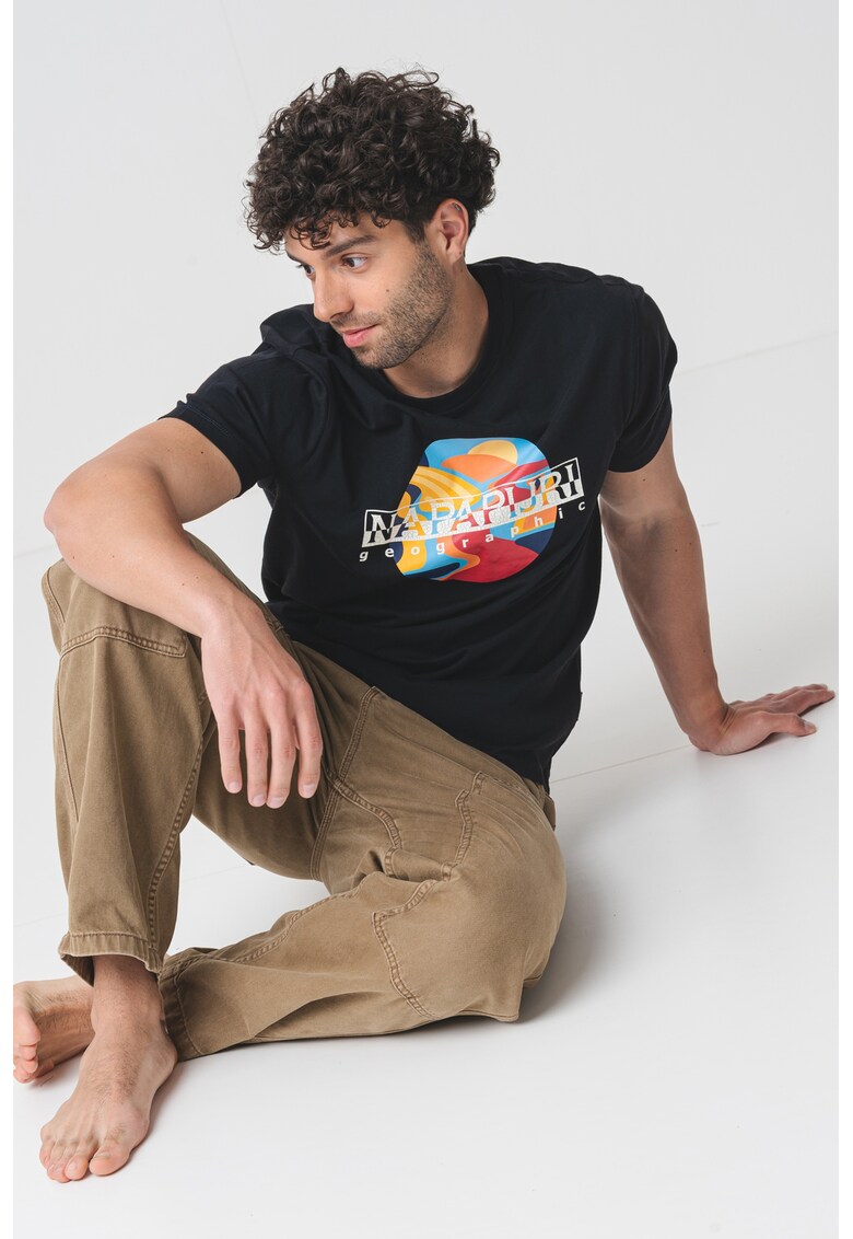 Tricou cu imprimeu grafic si logo - Negru/Portocaliu/Albastru