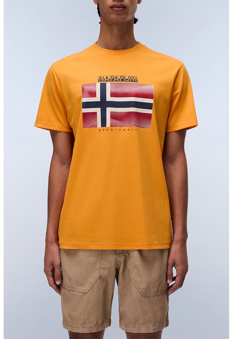 Tricou cu imprimeu logo si decolteu la baza gatului - Portocaliu/Rosu stins