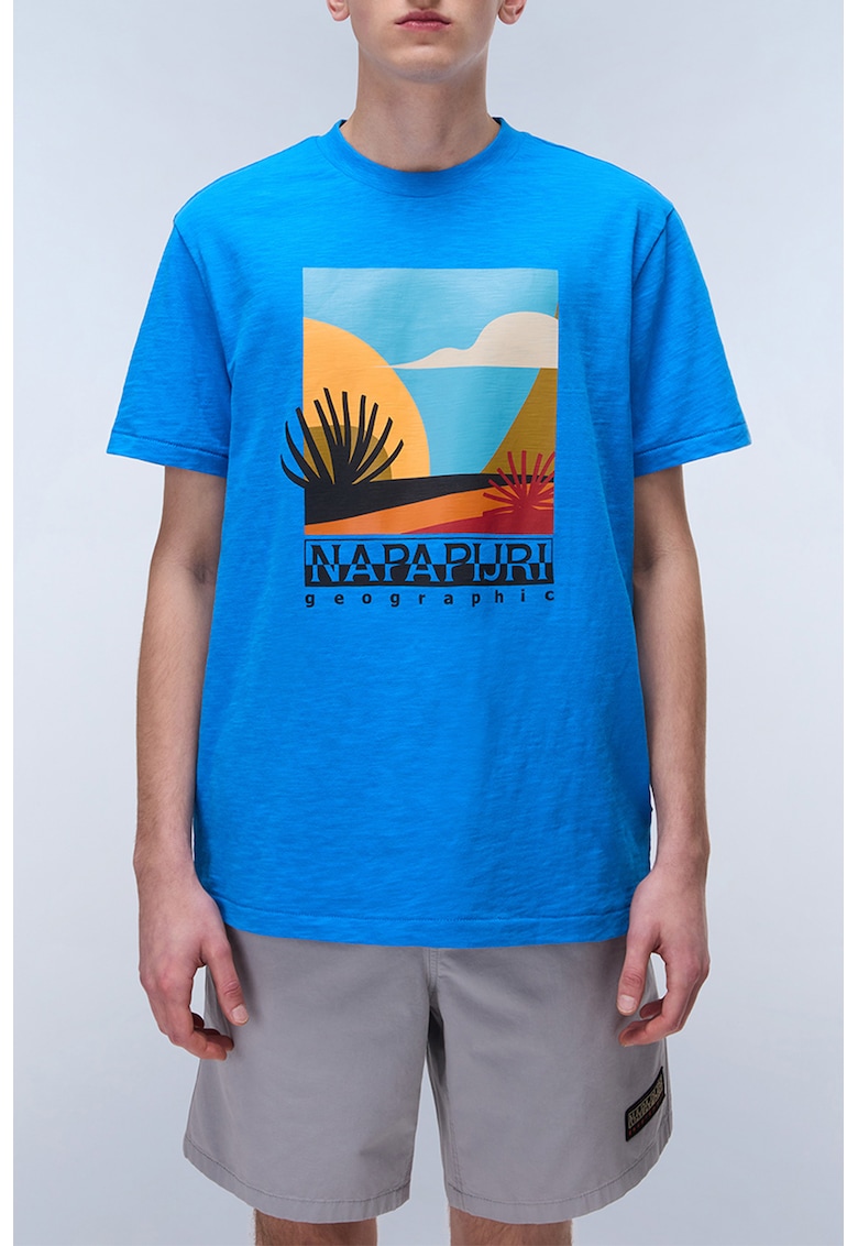 Tricou cu imprimeu grafic - logo si decolteu la baza gatului - Albastru