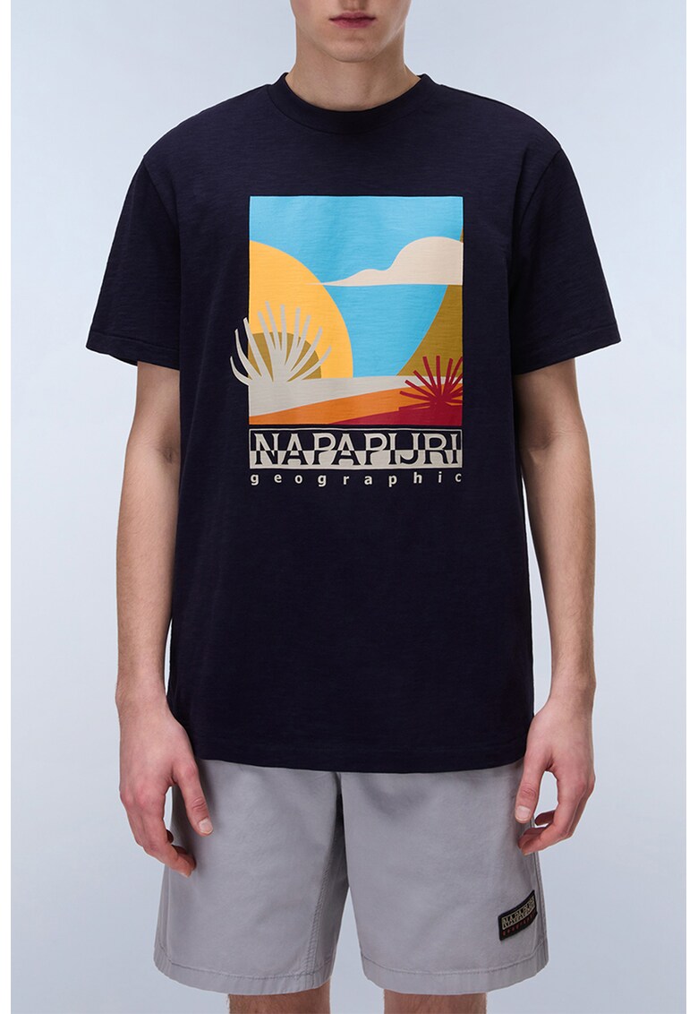 Tricou cu imprimeu grafic - logo si decolteu la baza gatului - Portocaliu/Bleumarin